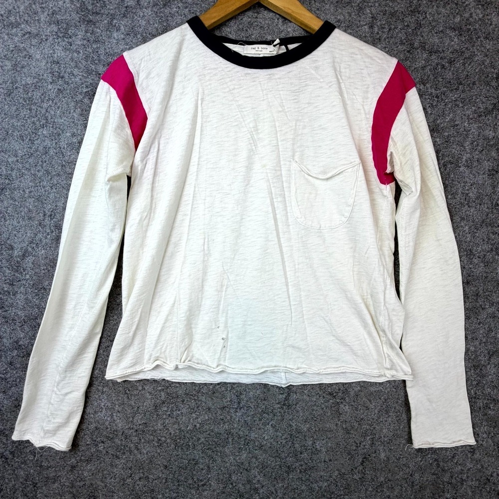 Rag & Bone Percy Blouse Top Womens XS White Long Sleeve Casual Crew Neck Raw Hem